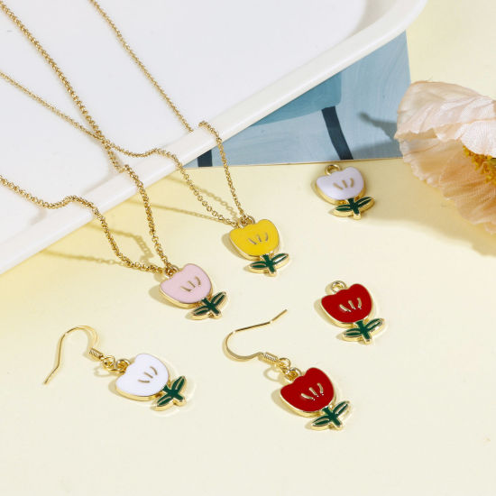 Imagen de Zamak Colgantes Charms Flor de Tulipán Chapado en Oro Multicolor Esmalte 19mm x 12mm, 10 Unidades