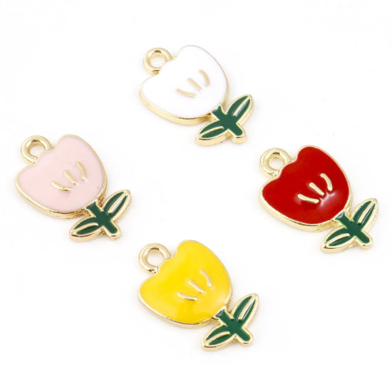Imagen de Zamak Colgantes Charms Flor de Tulipán Chapado en Oro Multicolor Esmalte 19mm x 12mm, 10 Unidades