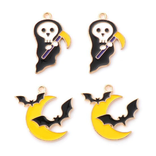 Bild von Zinklegierung Halloween Charms Halloween Elfe Vergoldet Schwarz & Gelb Halloween Fledermaus Emaille 10 Stück