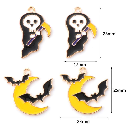 Bild von Zinklegierung Halloween Charms Halloween Elfe Vergoldet Schwarz & Gelb Halloween Fledermaus Emaille 10 Stück