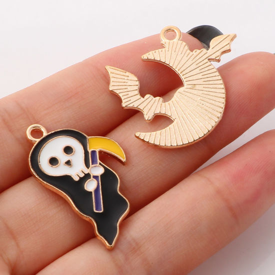 Bild von Zinklegierung Halloween Charms Halloween Elfe Vergoldet Schwarz & Gelb Halloween Fledermaus Emaille 10 Stück