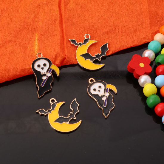 Bild von Zinklegierung Halloween Charms Halloween Elfe Vergoldet Schwarz & Gelb Halloween Fledermaus Emaille 10 Stück