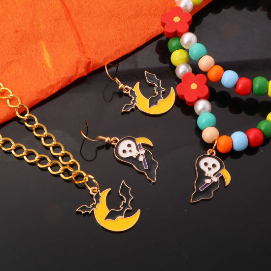 Bild von Zinklegierung Halloween Charms Halloween Elfe Vergoldet Schwarz & Gelb Halloween Fledermaus Emaille 10 Stück