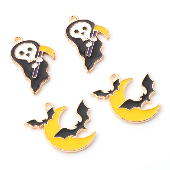 Bild von Zinklegierung Halloween Charms Halloween Elfe Vergoldet Schwarz & Gelb Halloween Fledermaus Emaille 10 Stück