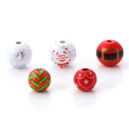 Natural Wood Christmas Spacer Beads Round Multicolor Message " Merry Christmas "