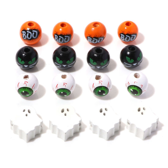 Picture of Wood Halloween Spacer Beads Ghost Multicolor Eye Message " Boo "