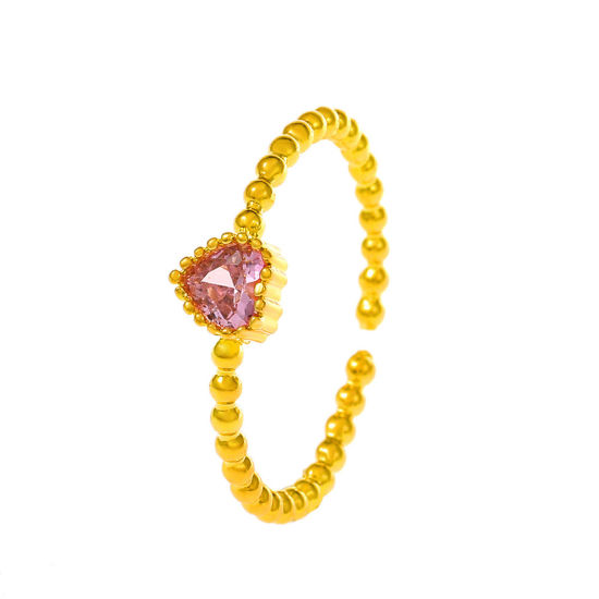 Bild von Messing Ins Stil Offen Verstellbar Ring Herz Vergoldet Bunt Kubischer Zirkon 18mm (US Größe 7.75), 1 Stück                                                                                                                                                    