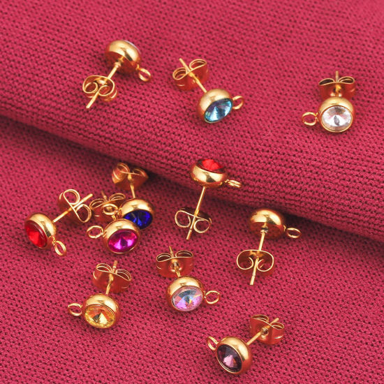 Picture of Stainless Steel Ear Post Stud Earrings Round 18K Gold Plated With Loop 12mm x 9mm, 2 PCs