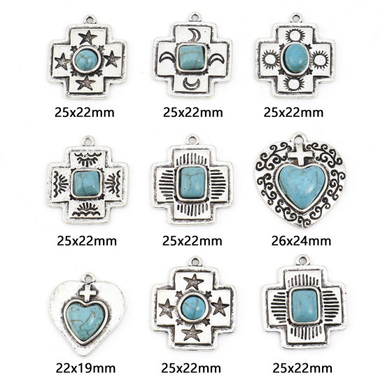 Immagine di Lega di Zinco Stile Bohemien Charms Argento Antico Turchese Imitato 10 Pz