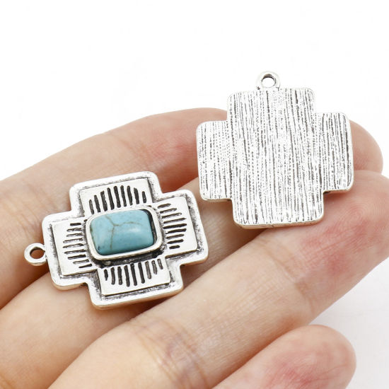 Immagine di Lega di Zinco Stile Bohemien Charms Argento Antico Turchese Imitato 10 Pz