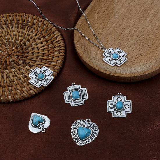 Immagine di Lega di Zinco Stile Bohemien Charms Argento Antico Turchese Imitato 10 Pz