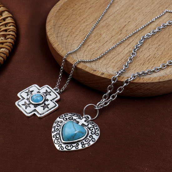 Immagine di Lega di Zinco Stile Bohemien Charms Argento Antico Turchese Imitato 10 Pz