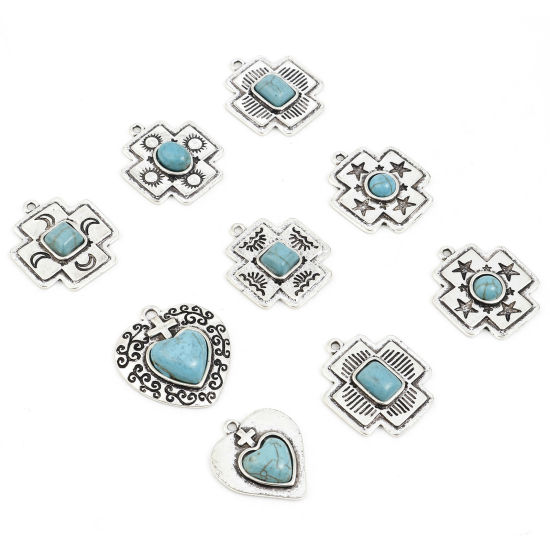 Immagine di Lega di Zinco Stile Bohemien Charms Argento Antico Turchese Imitato 10 Pz