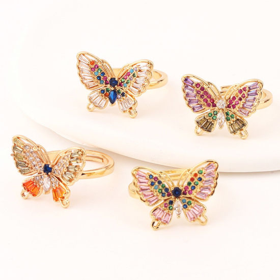 Bild von Messing Insekt Offen Verstellbar Ring Schmetterling Vergoldet Micro Pave Bunt Strassstein 1 Stück                                                                                                                                                             
