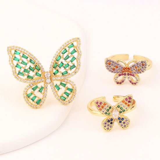 Picture of Brass Insect Open Adjustable Rings Butterfly Animal Gold Plated Micro Pave Multicolor Rhinestone                                                                                                                                                              