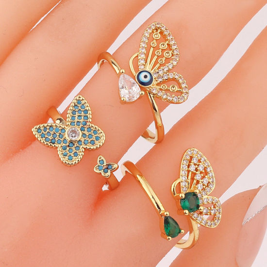 Picture of Brass Insect Open Adjustable Rings Butterfly Animal Gold Plated Micro Pave Multicolor Rhinestone                                                                                                                                                              