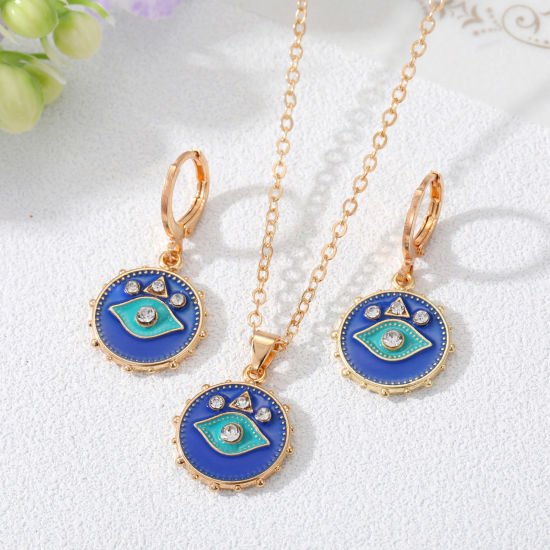 Picture of Stylish Jewelry Necklace Earrings Set Gold Plated Multicolor Evil Eye Clear Rhinestone Enamel 50cm(19 5/8") long, 3.2cm x 1.4cm