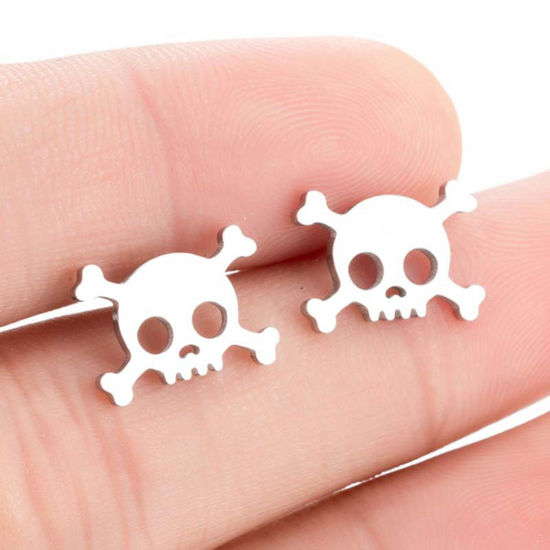 Picture of Stainless Steel Halloween Ear Post Stud Earrings Multicolor Skull Hollow 14mm x 10mm