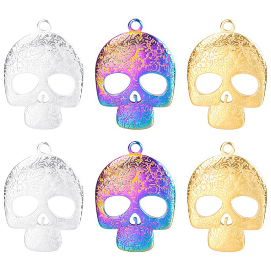 Imagen de Acero Inoxidable Halloween Colgantes Charms Cráneo Multicolor Tallado Hueco 2 Unidades