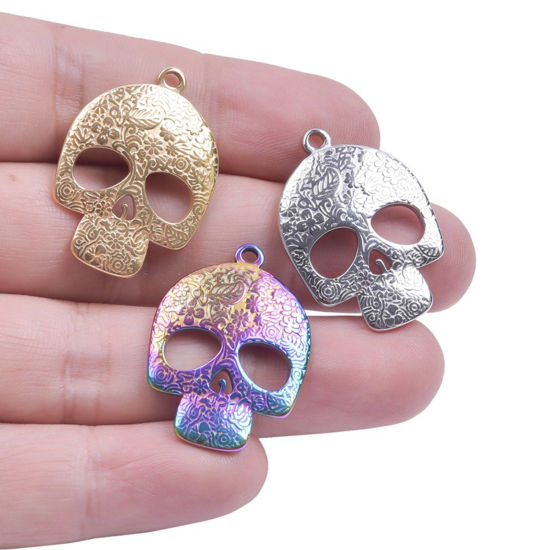 Imagen de Acero Inoxidable Halloween Colgantes Charms Cráneo Multicolor Tallado Hueco 2 Unidades