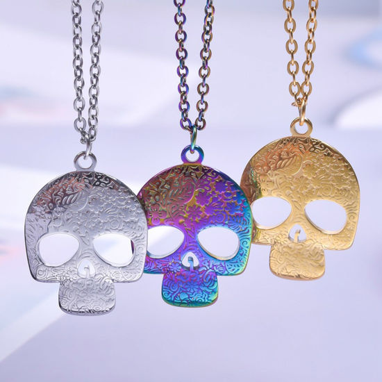 Imagen de Acero Inoxidable Halloween Colgantes Charms Cráneo Multicolor Tallado Hueco 2 Unidades