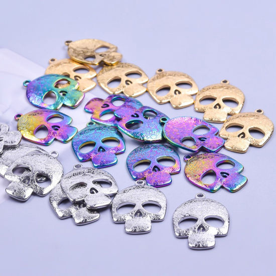 Imagen de Acero Inoxidable Halloween Colgantes Charms Cráneo Multicolor Tallado Hueco 2 Unidades