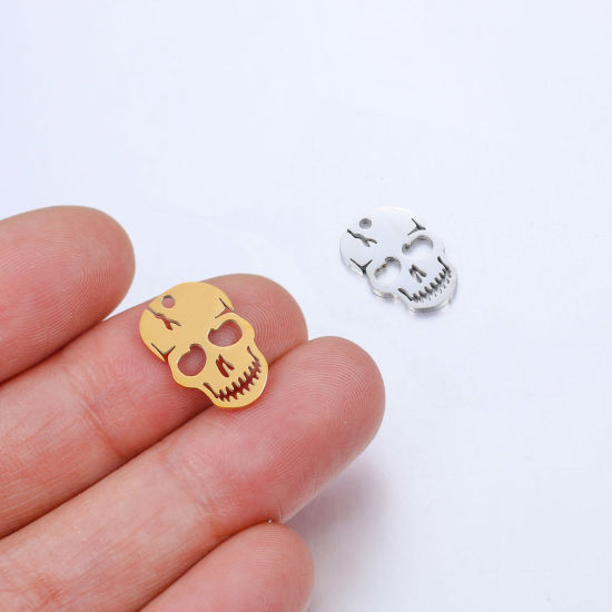 Image de Breloques en Acier Inoxydable Halloween Tête de Mort Multicolore Creux 15mm x 10mm , 2 Pcs