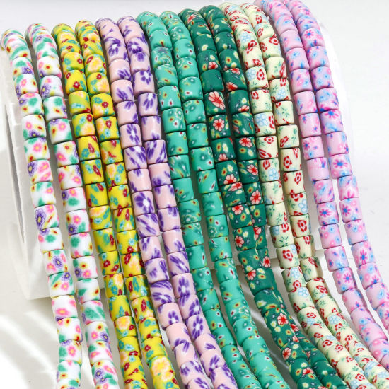 Image de Perles en Pâte Polymère Colonne Multicolore Fleurs 6mm x 6mm, Taille de Trou: 1.2mm, 40cm long, 2 Enfilades (Env. 65 PCs/Enfilade)