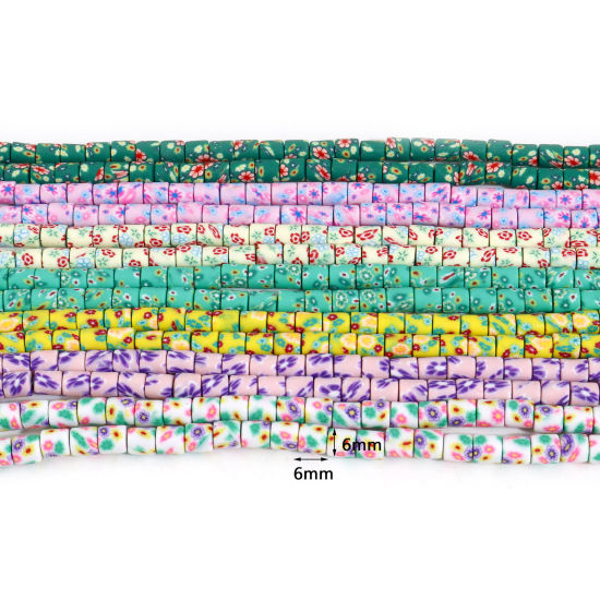 Image de Perles en Pâte Polymère Colonne Multicolore Fleurs 6mm x 6mm, Taille de Trou: 1.2mm, 40cm long, 2 Enfilades (Env. 65 PCs/Enfilade)