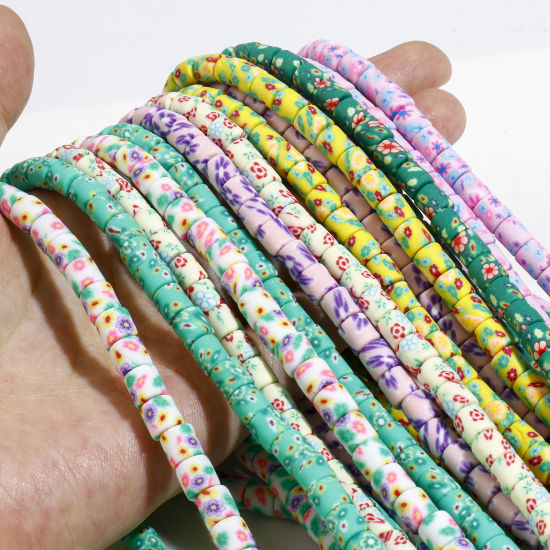 Image de Perles en Pâte Polymère Colonne Multicolore Fleurs 6mm x 6mm, Taille de Trou: 1.2mm, 40cm long, 2 Enfilades (Env. 65 PCs/Enfilade)