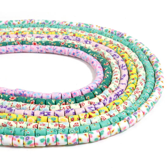 Image de Perles en Pâte Polymère Colonne Multicolore Fleurs 6mm x 6mm, Taille de Trou: 1.2mm, 40cm long, 2 Enfilades (Env. 65 PCs/Enfilade)