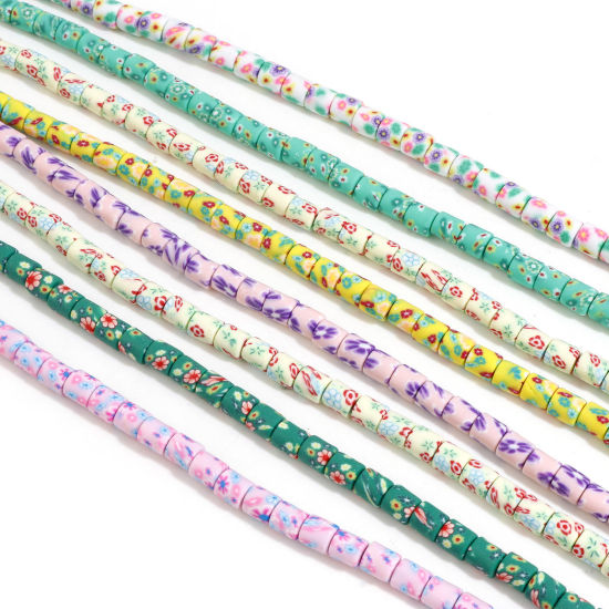 Image de Perles en Pâte Polymère Colonne Multicolore Fleurs 6mm x 6mm, Taille de Trou: 1.2mm, 40cm long, 2 Enfilades (Env. 65 PCs/Enfilade)