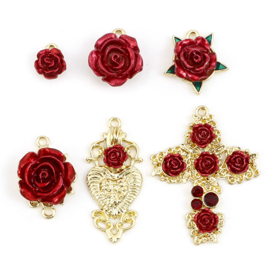 Image de Breloques La Saint Valentin en Alliage de Zinc Rose Doré Rouge Laqué 5 Pcs
