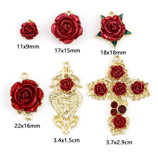 Image de Breloques La Saint Valentin en Alliage de Zinc Rose Doré Rouge Laqué 5 Pcs