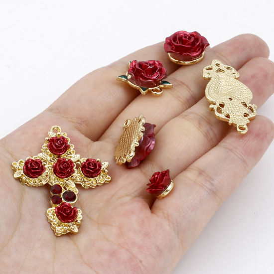 Image de Breloques La Saint Valentin en Alliage de Zinc Rose Doré Rouge Laqué 5 Pcs