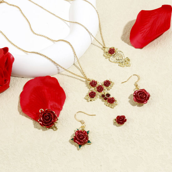 Image de Breloques La Saint Valentin en Alliage de Zinc Rose Doré Rouge Laqué 5 Pcs