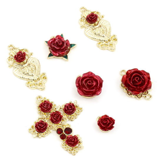 Image de Breloques La Saint Valentin en Alliage de Zinc Rose Doré Rouge Laqué 5 Pcs