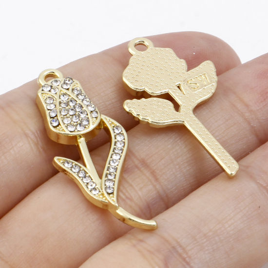 Imagen de Zamak día de San Valentín Colgantes Flor Chapado en Oro Transparente Rhinestone Micro Pave 5 Unidades