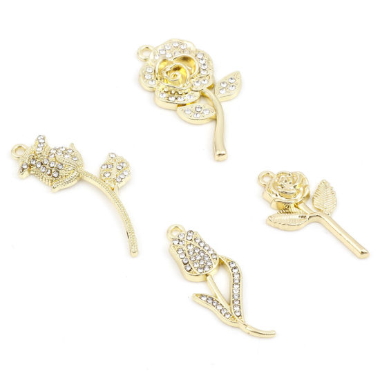 Imagen de Zamak día de San Valentín Colgantes Flor Chapado en Oro Transparente Rhinestone Micro Pave 5 Unidades