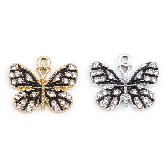 Picture of Zinc Based Alloy Micro Pave Charms Multicolor Black Butterfly Animal Enamel Clear Rhinestone 19mm x 17mm