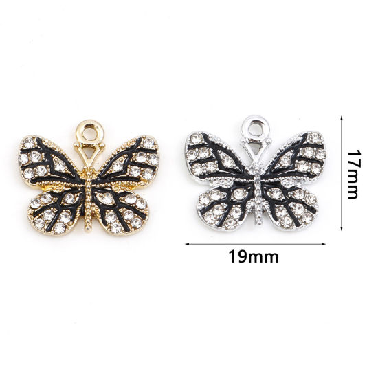 Picture of Zinc Based Alloy Micro Pave Charms Multicolor Black Butterfly Animal Enamel Clear Rhinestone 19mm x 17mm