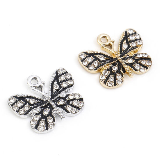 Picture of Zinc Based Alloy Micro Pave Charms Multicolor Black Butterfly Animal Enamel Clear Rhinestone 19mm x 17mm