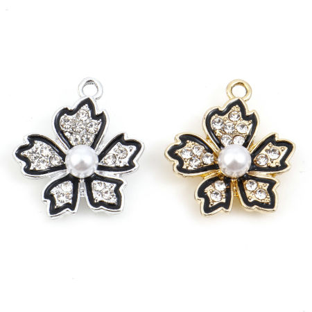 Bild von Zinklegierung Micro Pave Charms Blumen Bunt Schwarz Transparent Strass Emaille 22mm x 19mm, 10 Stück