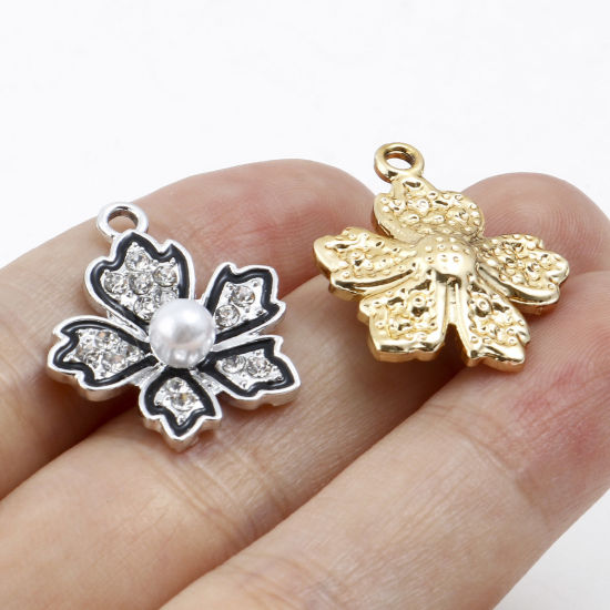 Picture of Zinc Based Alloy Micro Pave Charms Multicolor Black Flower Enamel Clear Rhinestone 22mm x 19mm