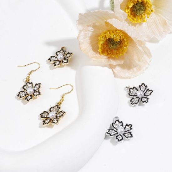 Picture of Zinc Based Alloy Micro Pave Charms Multicolor Black Flower Enamel Clear Rhinestone 22mm x 19mm