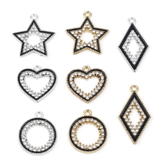 Bild von Zinklegierung Micro Pave Charms Geometrie Bunt Schwarz Transparent Strass Emaille 10 Stück