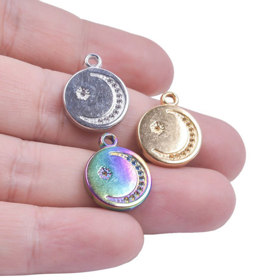 Изображение Нержавеющая Сталь галактика галактика Подвески Круглые Разноцветный (Можно Вставить 1мм Страз) Луна 20мм x 16мм, 2 ШТ