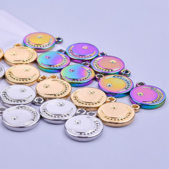 Изображение Нержавеющая Сталь галактика галактика Подвески Круглые Разноцветный (Можно Вставить 1мм Страз) Луна 20мм x 16мм, 2 ШТ