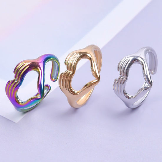 Picture of Stainless Steel Ins Style Open Adjustable Rings Multicolor Love Hand Sign Gesture 18.1mm(US Size 8)