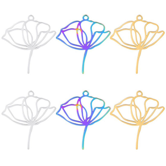 Изображение Нержавеющая Сталь Подвески Цветок Лотоса Разноцветный ажурная резьба 28мм x 25мм, 2 ШТ